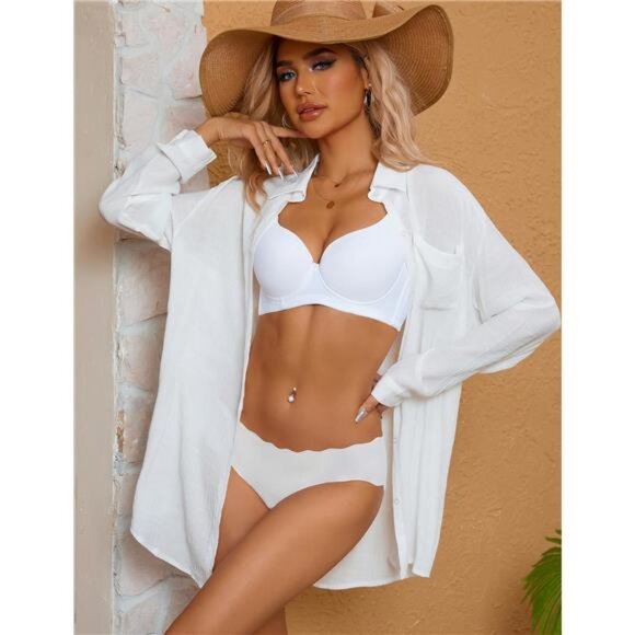 Swimsuit Coverup for Women Long Sleeve Bathing Suit Cover Up Swimwear ButtonDown - Picture 3 of 7